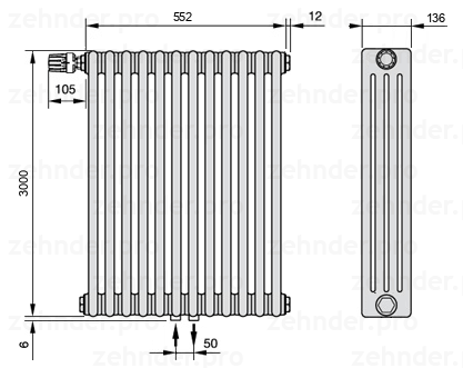 Схема (чертеж) Радиатор Zehnder Charleston 4300/12 №V007 Белый глянцевый RAL 9016